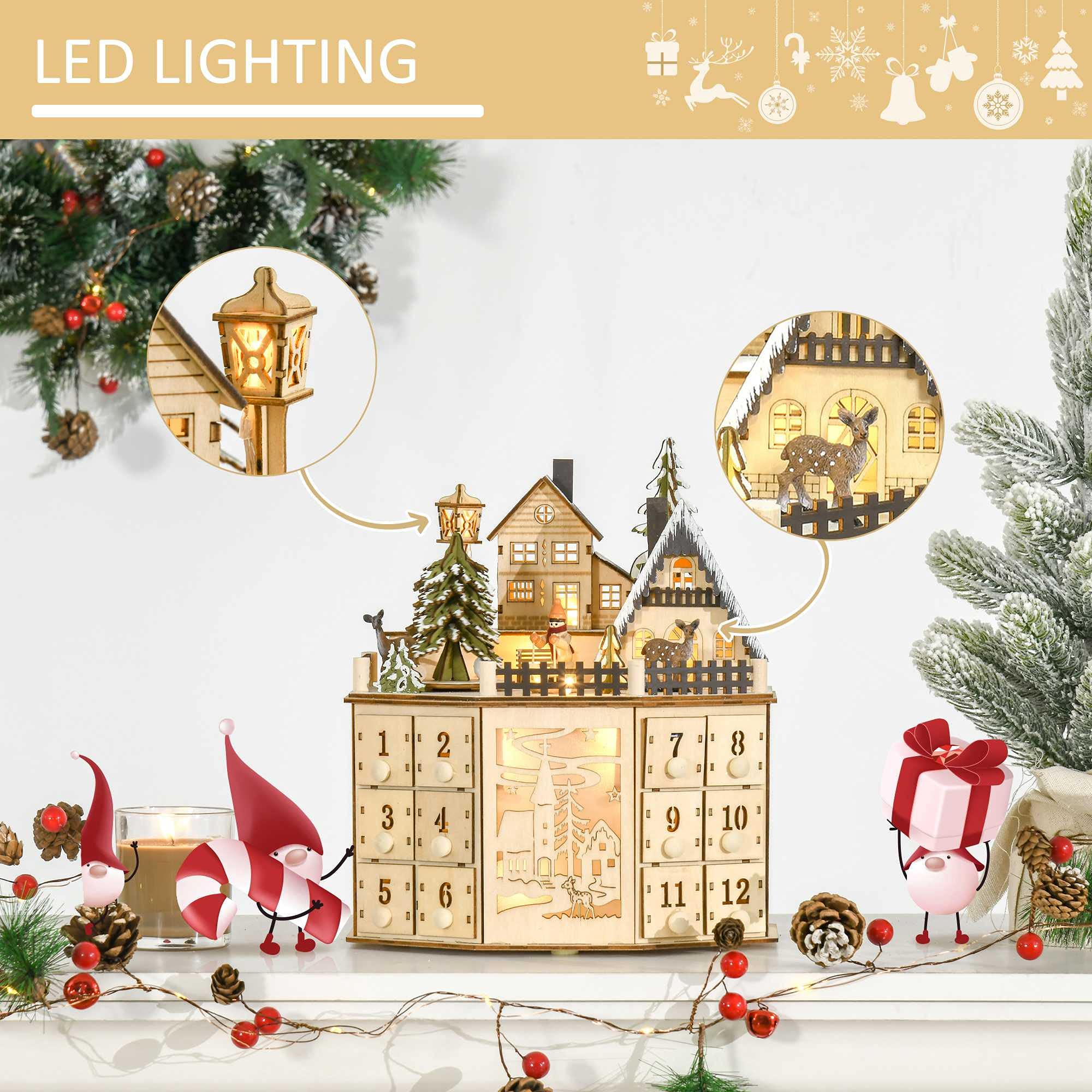 HOMCOM Christmas Advent Calendar, Light Up Table Xmas Wooden Holiday Decoration with Countdown Drawers and Village, for Kids and